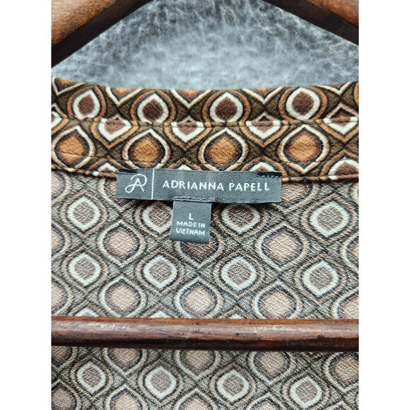 Adrianna Papell Womens Geometric Print Long Sleeve Blouse L Brown & Ivory Polyes - Picture 2 of 5